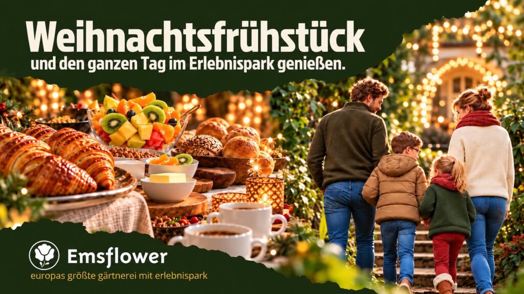 Werbegrafik von Emsflower zum Weihnachtsfrühstück: Frühstücksbuffet mit Croissants, Brötchen und Obstsalat neben einer Familie in einem mit Lichterketten geschmückten Garten