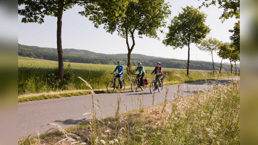 Radfahrer auf einer geführten Tour durch die Landschaft im Natur- und Geopark TERRA.vita