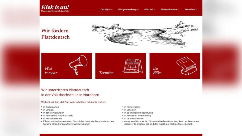 Screenshot der Startseite des neuen Internetauftritts „Kiek is an!“ zum Plattdeutschen in der Grafschaft Bentheim