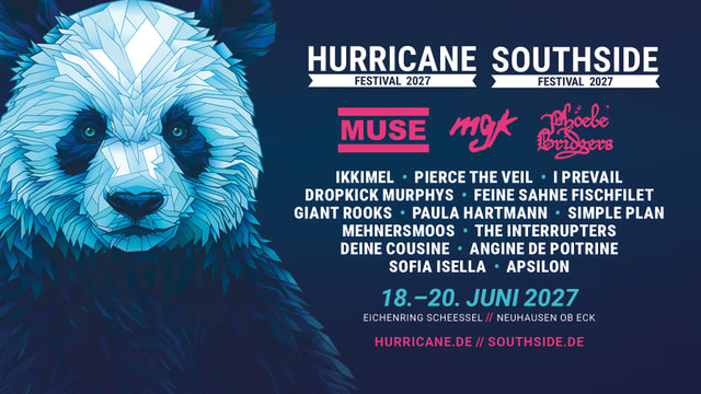 Key Visual zum Hurricane und Southside Festival 2027 mit Panda-Motiv und den Namen der bestätigten Bands