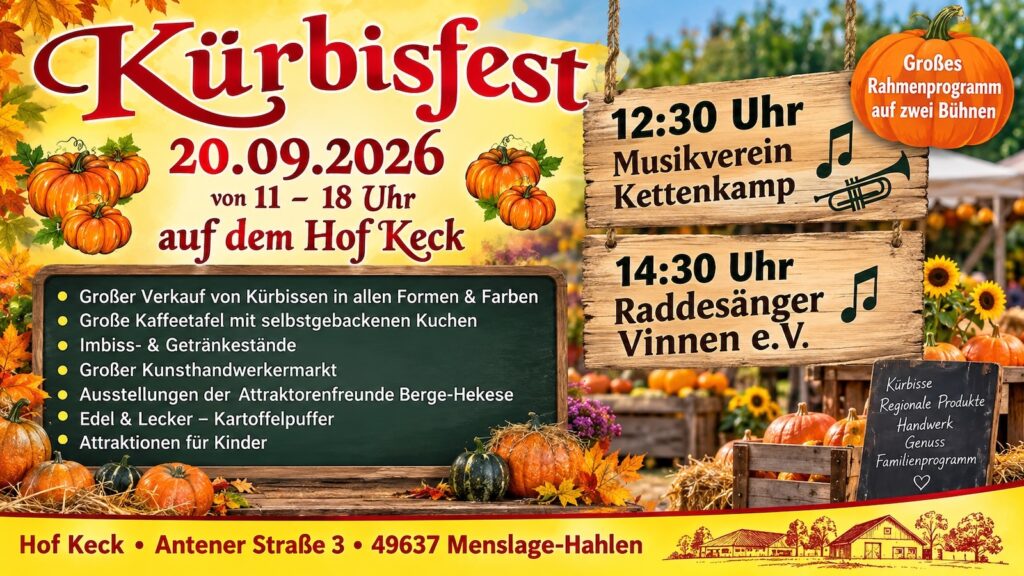 Ankündigungsplakat zum Kürbisfest auf dem Hof Keck in Menslage-Hahlen am 20.09.2026