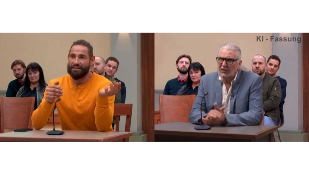 Split-Screen-Vergleich: links die Original-Folge, rechts die mit KI bearbeitete Version mit dem echten Darsteller