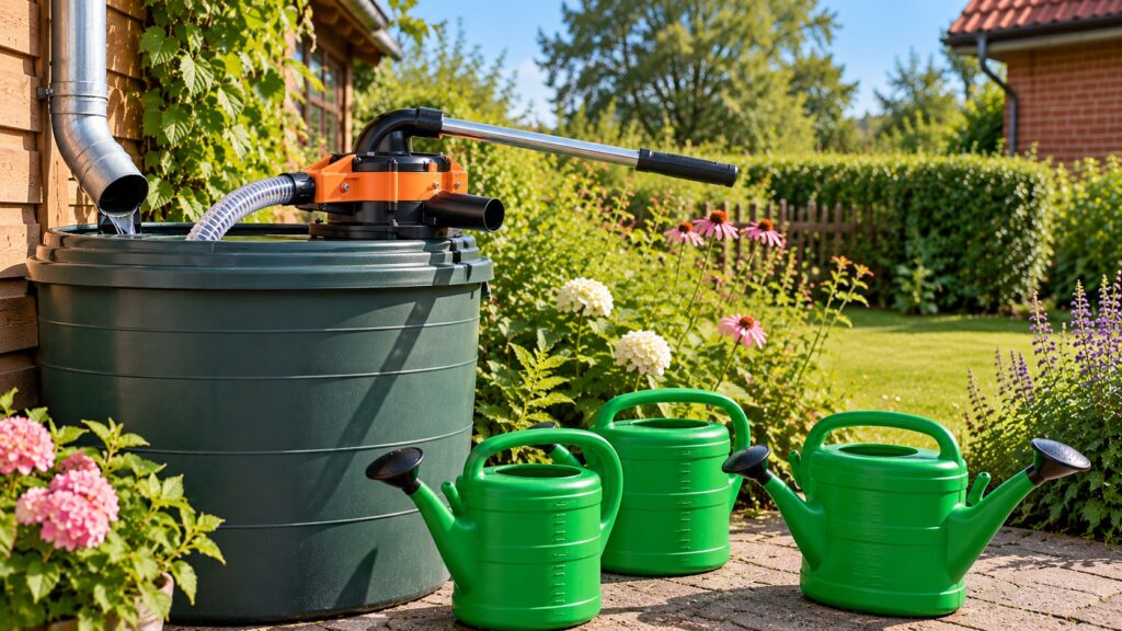 Grüne Regentonne mit aufgesetzter Handpumpe und drei grünen Gießkannen im Garten (KI-generiertes Symbolbild)