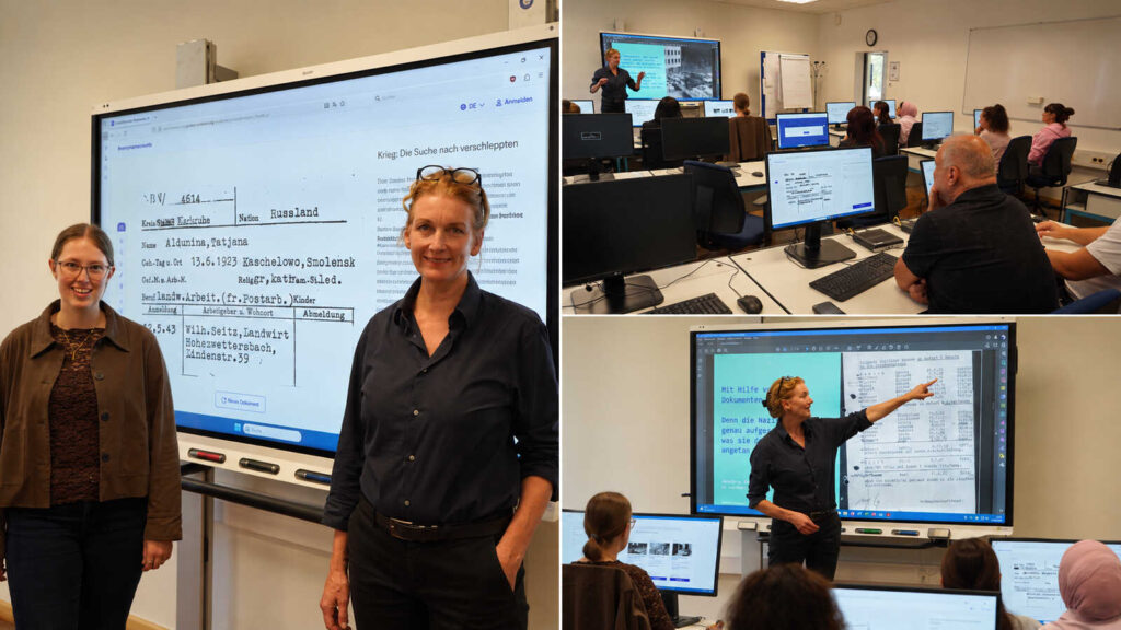 Collage: Sonja Pösel, Projektleiterin von #everynamecounts, erläutert Teilnehmenden der VHS Meppen den Ablauf des Projekts, sowie Nadine Schlump und Sonja Pösel bei der Projektkoordination