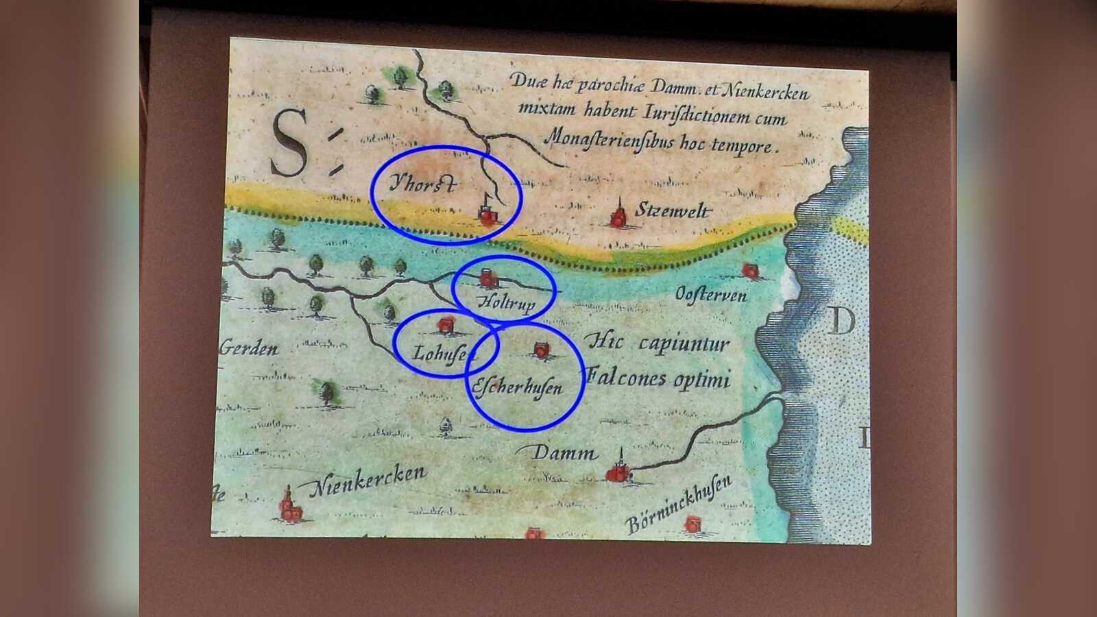 Ausschnitt einer historischen Karte von 1635, auf der der Ort erstmals als Holtrup eingetragen ist