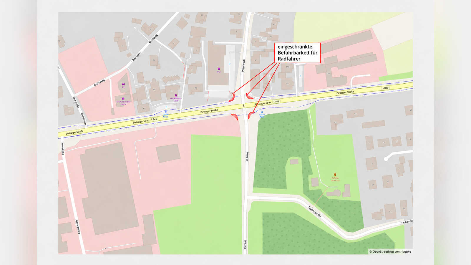 Kartenausschnitt mit dem Baustellenbereich der neuen Ampelanlage in Lohne