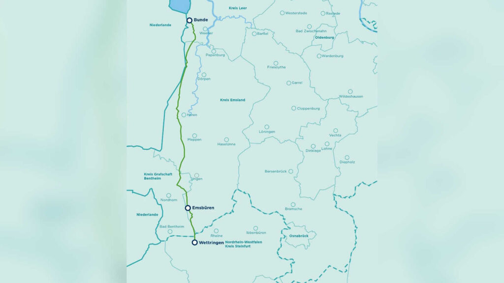 Karte mit dem Verlauf der Wasserstoffleitung Nordsee-Ruhr-Link III von Bunde über Emsbüren nach Wettringen