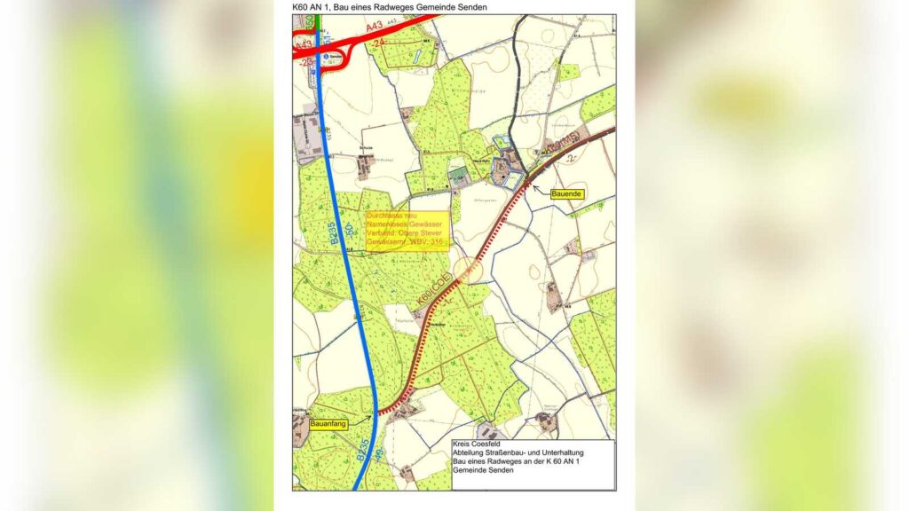 Kartenausschnitt mit dem Verlauf des neuen Radwegs entlang der Kreisstraße 60 zwischen B 235 und Haus Ruhr in Senden
