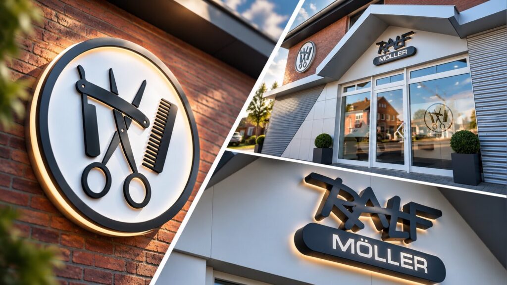 Visualisierung der Fassade des Friseursalons Ralf Möller in Lingen mit Logo aus Schere, Rasiermesser und Kamm