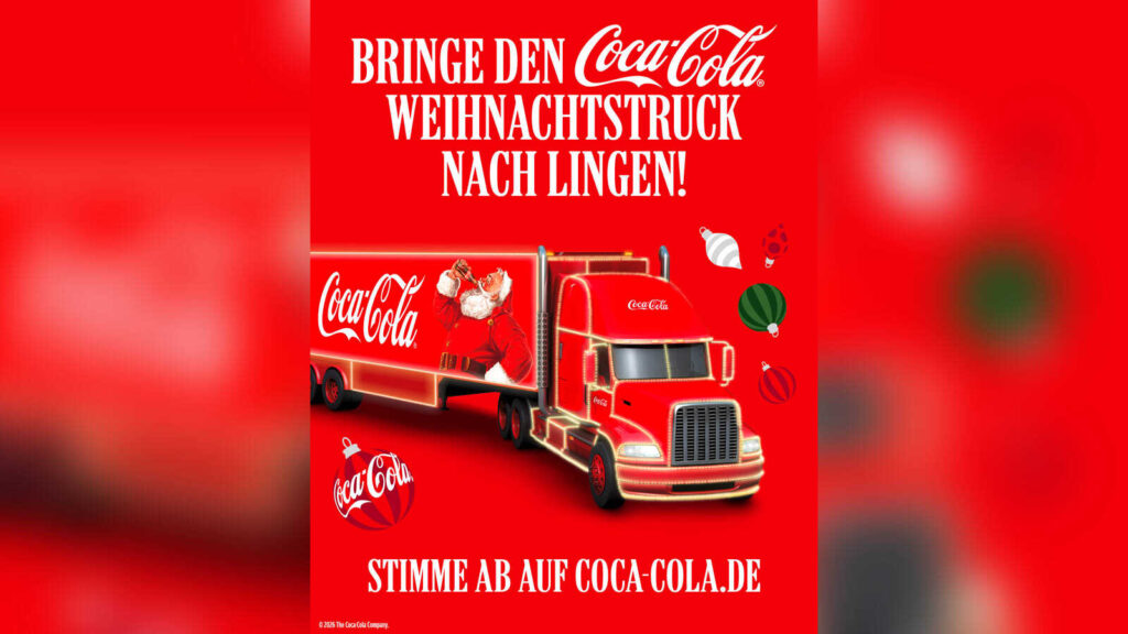 Beleuchteter Coca-Cola Weihnachtstruck, Aufruf zum Voting für Lingen als Tourstopp 2026