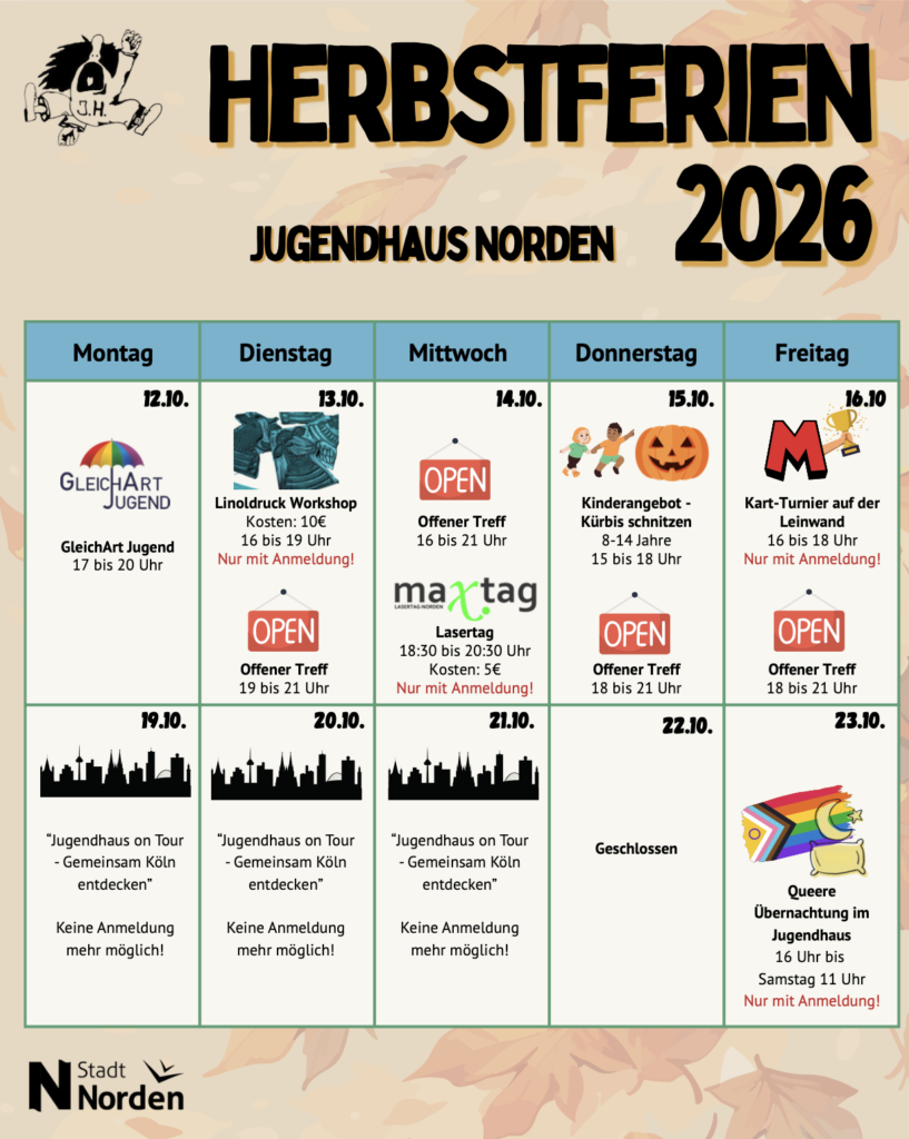 Programmübersicht des Jugendhauses Norden für die Herbstferien 2026 mit Terminen vom 12. bis 23. Oktober