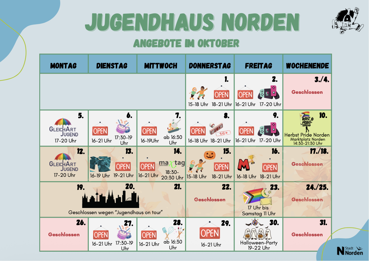 Kalender des Jugendhauses Norden mit allen Angeboten im Oktober 2026