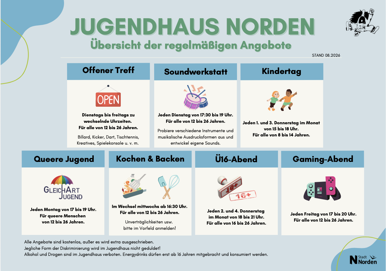 Übersicht der regelmäßigen Angebote des Jugendhauses Norden
