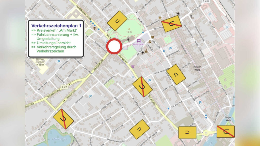 Lageplan der neuen Verkehrsführung am Kreisverkehr Am Markt in Norden