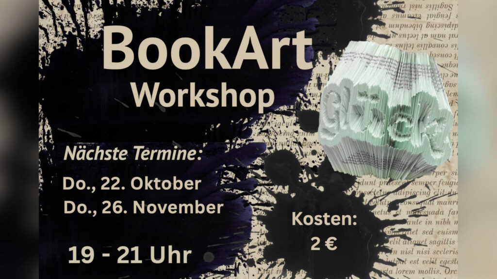 Gefaltete Buchseiten, die im aufgeschlagenen Buch ein Motiv ergeben, Plakat zum BookArt-Workshop der Stadtbibliothek Norden