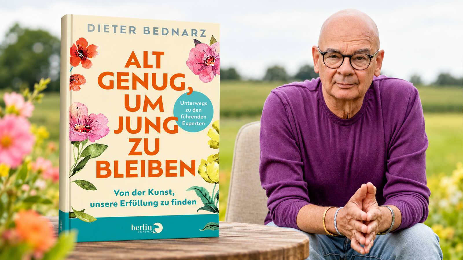 KI-Collage mit Autor Dieter Bednarz und seinem Buch Alt genug, um jung zu bleiben
