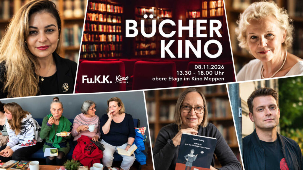 Collage zum BücherKino im Kino Meppen mit Büchern, Kinosesseln und Leinwand