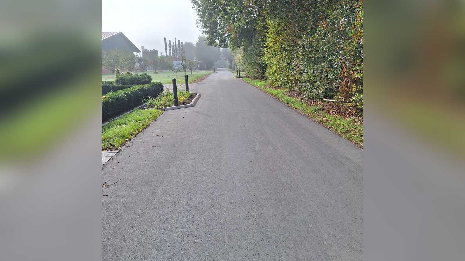 Verbreiterte Fahrbahn des Busackerwegs in Dalum mit Pflanzbeet und Pollern zur Verkehrsberuhigung