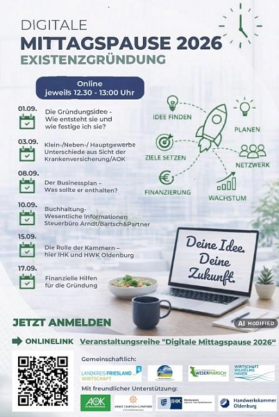 Grafik zur Digitalen Mittagspause zum Thema Existenzgründung des Wirtschaftsförderkreises Harlingerland