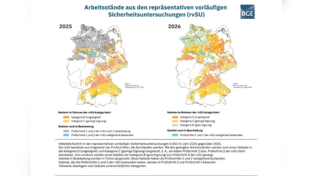Zwei Deutschlandkarten der BGE vergleichen die Arbeitsstände 2025 und 2026 der Endlagersuche mit Gebieten der Kategorien B, C und D sowie Gebieten in Bearbeitung