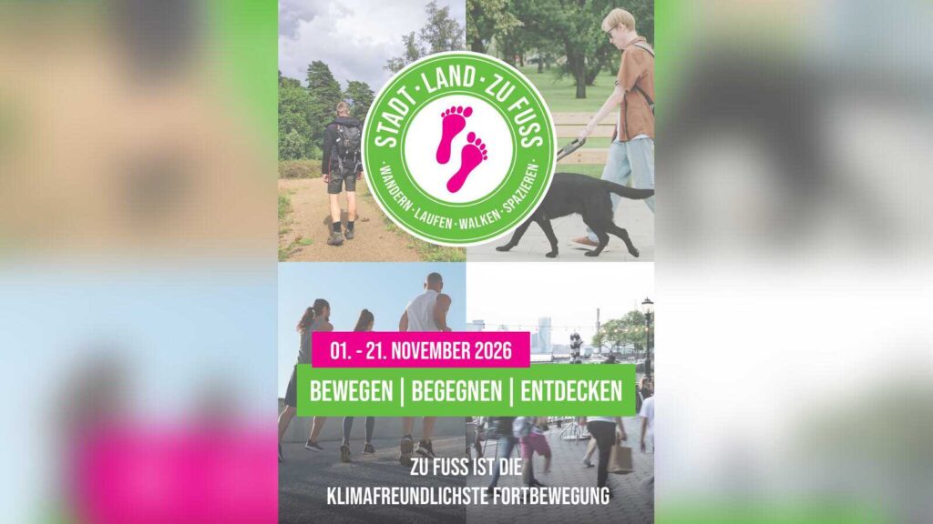 Flyer der Aktion Stadt, Land, zu Fuß vom 1. bis 21. November 2026
