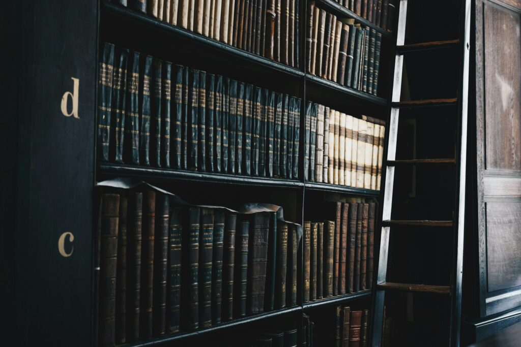 Reihen alter Gesetzbücher in einem dunklen Holzregal