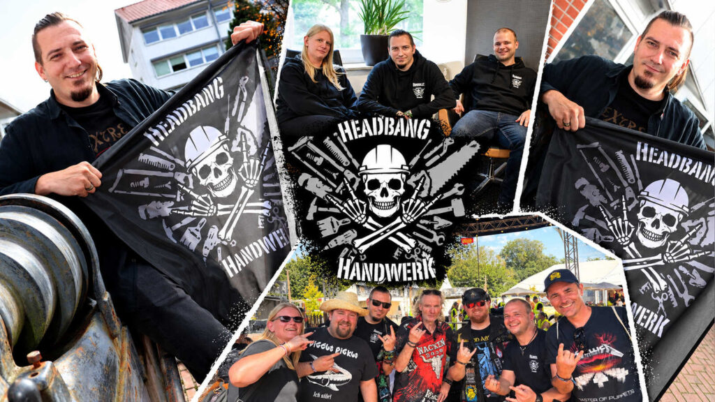 Collage mit Mitgliedern des Vereins Headbang Handwerk, darunter Vorstandsmitglied Daniel Bigl
