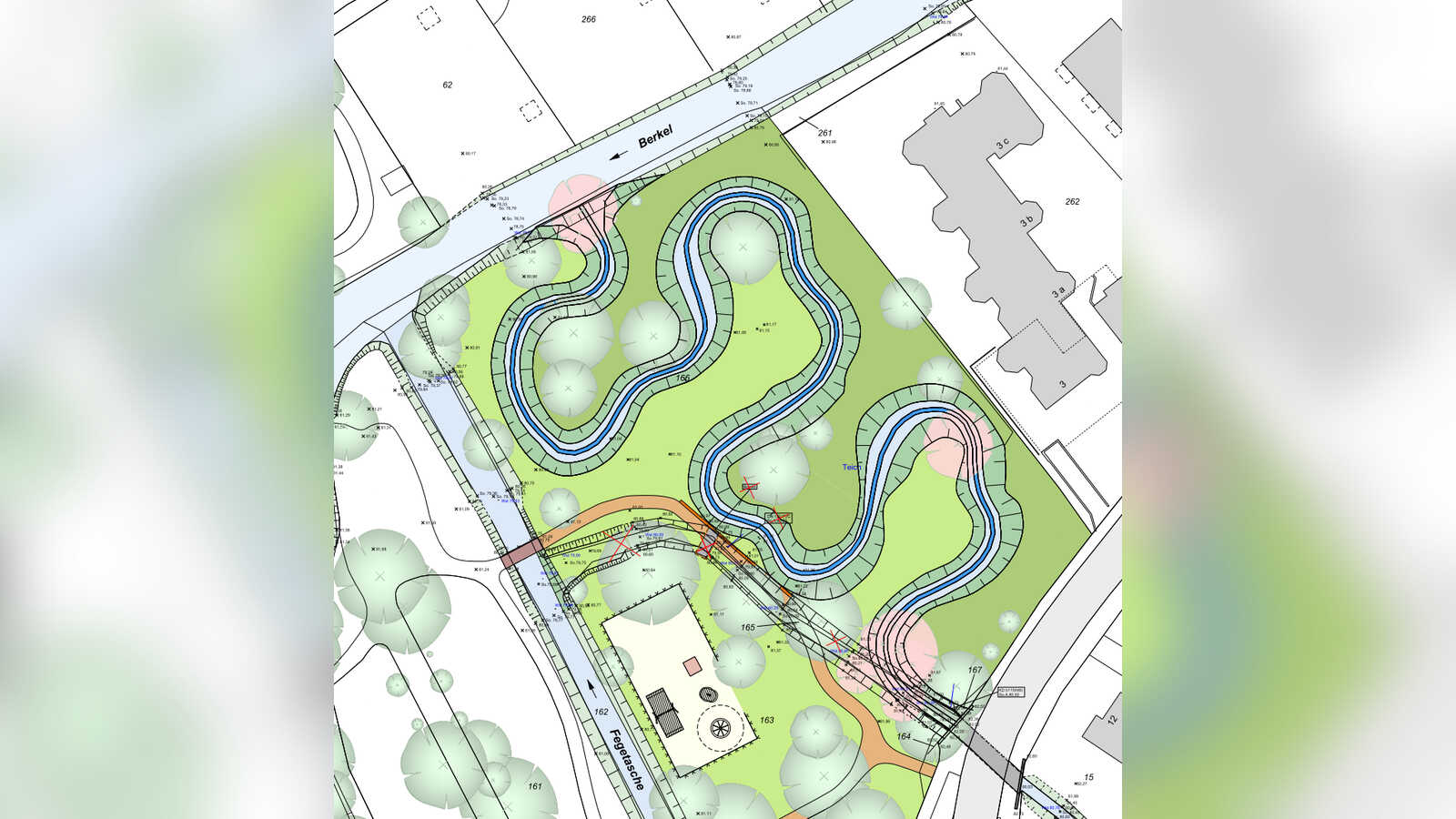 Lageplan mit dem künftig in großen Schleifen geführten Honigbach im Coesfelder Stadtpark bis zur Mündung in die Berkel