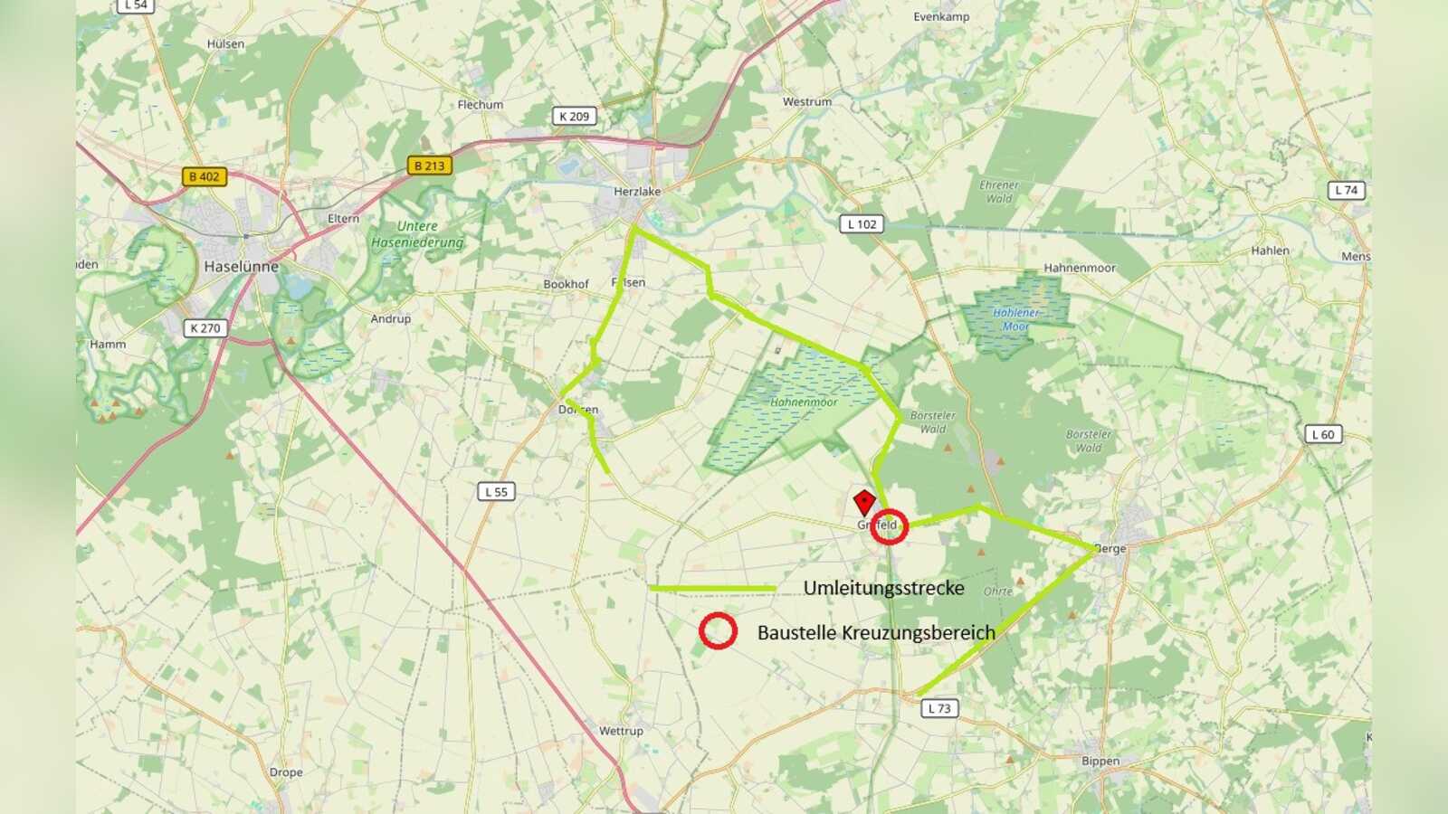 Karte der Umleitungsstrecke während der Sperrung der Kreuzung K124/K125 in Grafeld