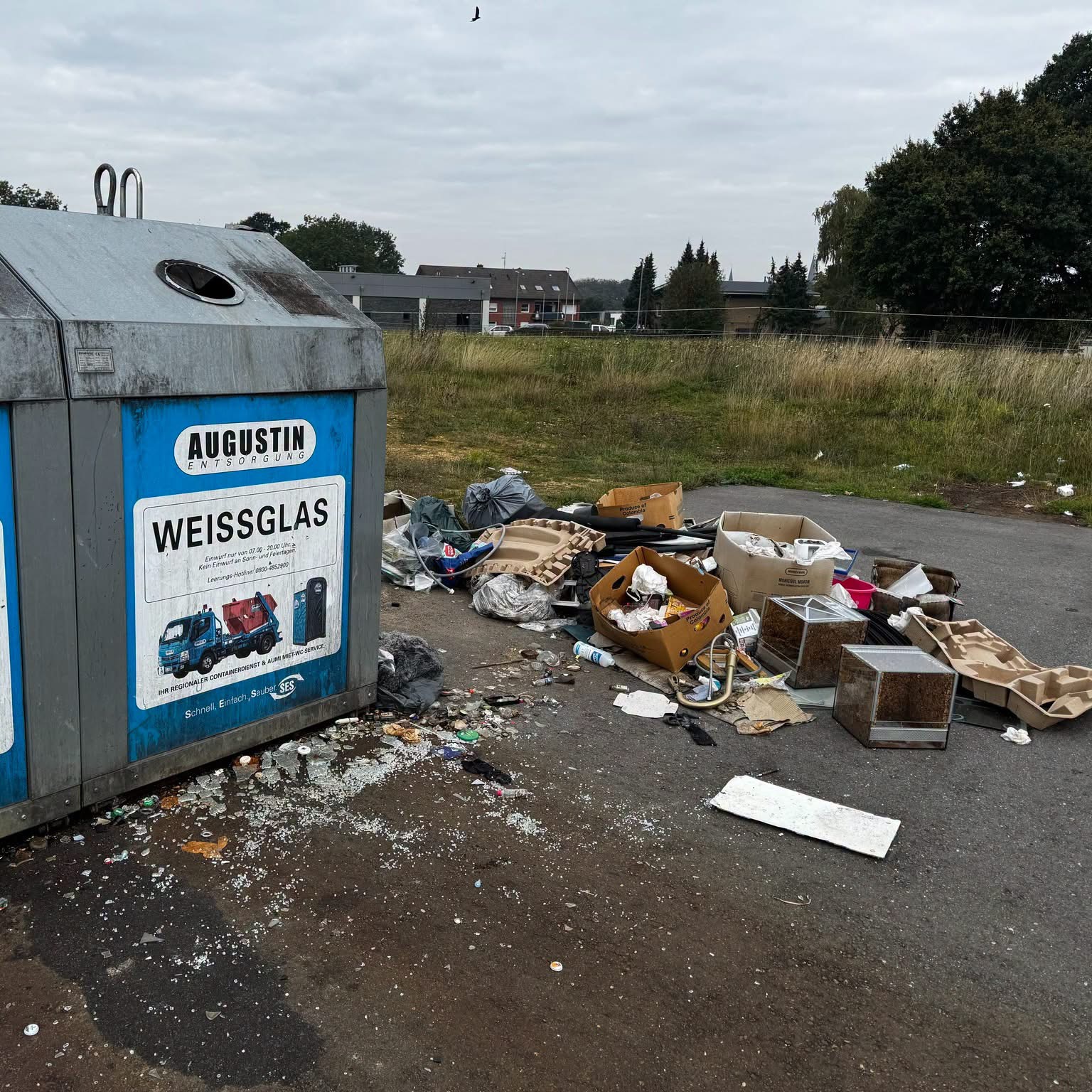 Illegal abgeladener Sperrmüll und Verpackungen neben Altglascontainern von Augustin Entsorgung