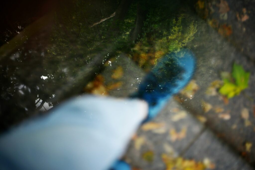 Ein blauer Besen kehrt nasses Herbstlaub auf einem gepflasterten Weg zusammen
