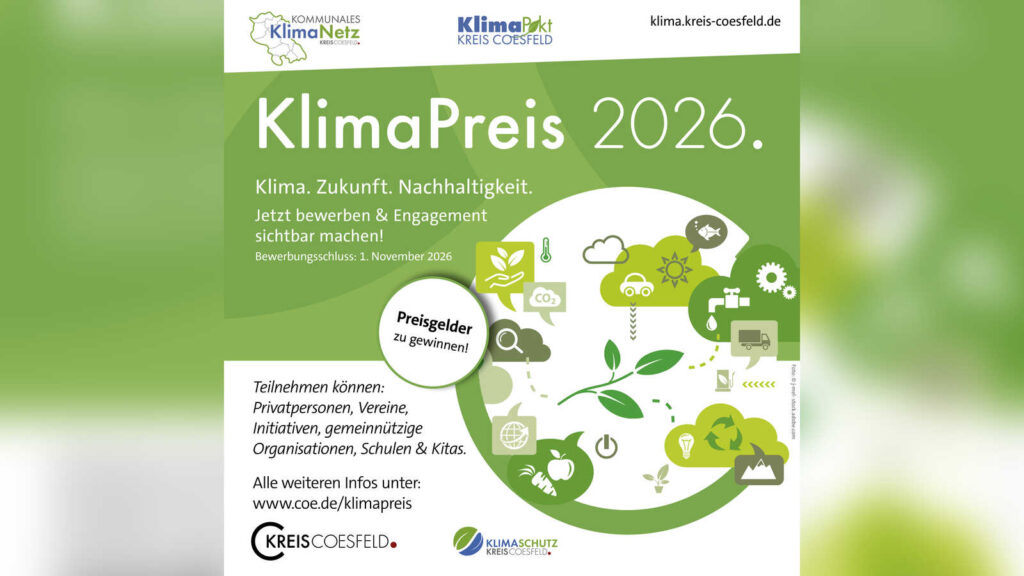 Grafik zum KlimaPreis 2026 des Kreises Coesfeld mit dem Motto Gemeinsam Klima. Zukunft. Nachhaltigkeit