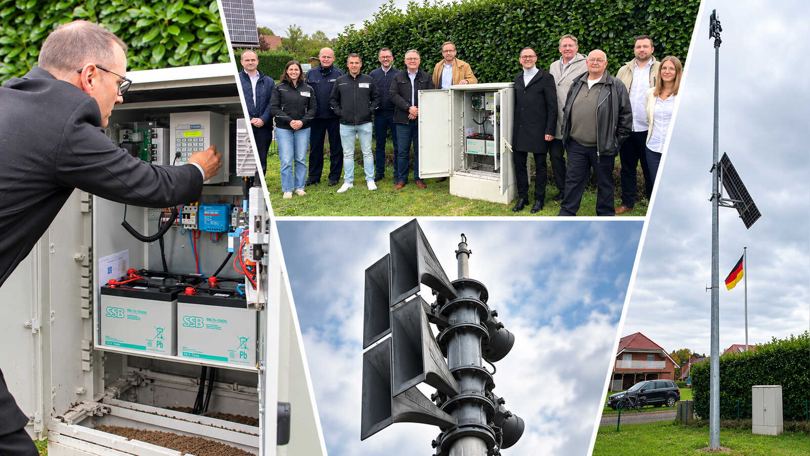 Collage: Projektbeteiligte vor einem Sirenenschaltschrank in Esterwegen, Schaltschrank mit Notstrom-Akkus, Schallhörner einer Mastsirene und der Sirenenmast mit Solarmodul