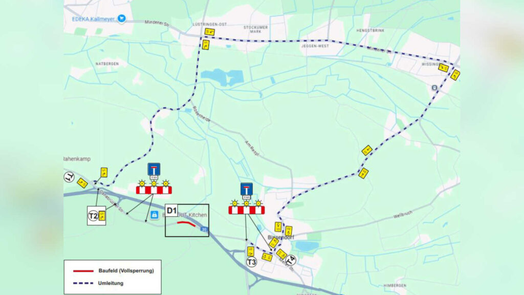 Übersichtskarte zur Vollsperrung der K228 zwischen Natbergen und Bissendorf mit Umleitung