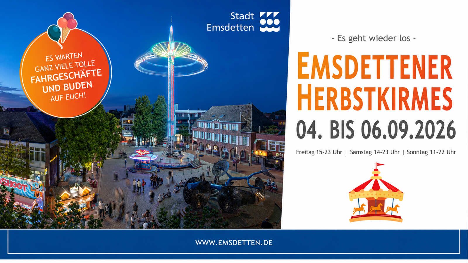 Kirmes mit beleuchteten Fahrgeschäften am Abend