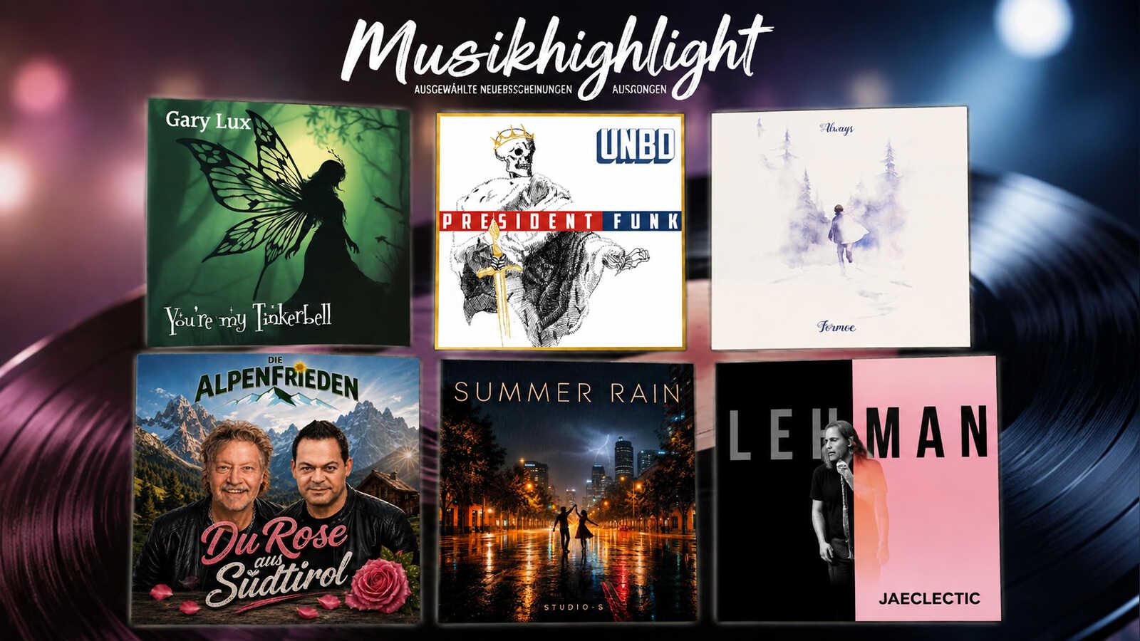 Montage aus sechs Coverabbildungen: Gary Lux, Unbd, Formoe, Die Alpenfrieden, studio-s und Jaeclectic