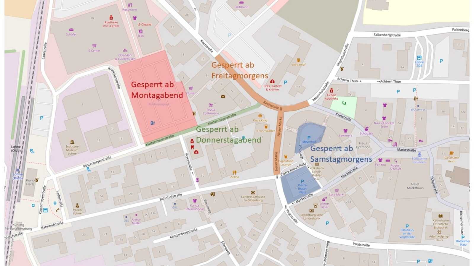 Stadtplanausschnitt der Lohner Innenstadt mit den markierten Sperrbereichen zum Herbstmarkt
