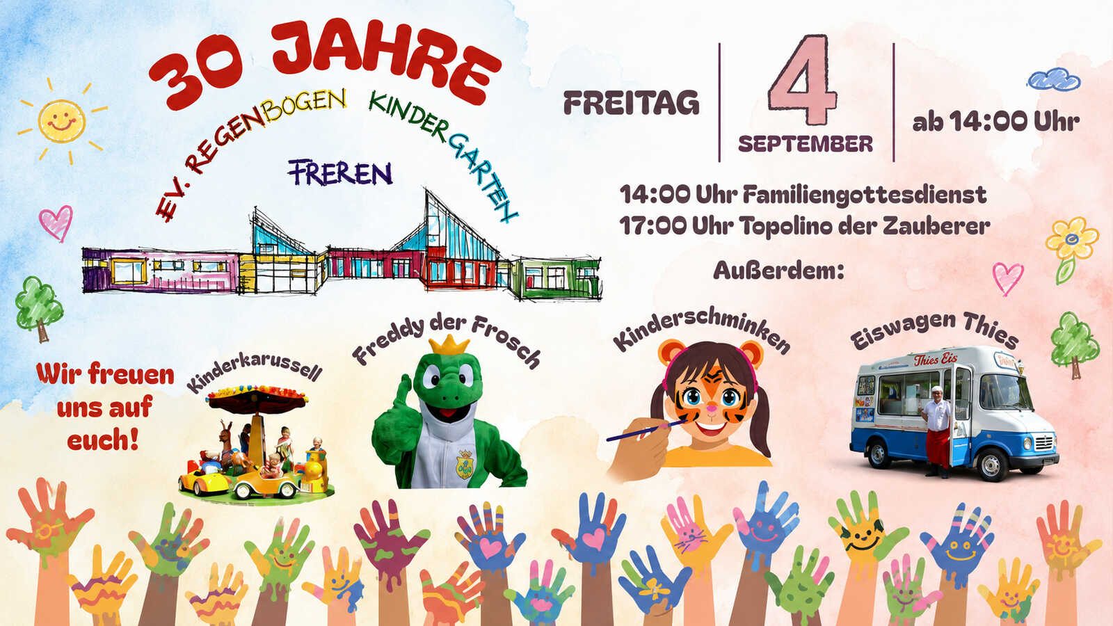 Plakat zum 30-jährigen Jubiläum des Evangelischen Regenbogen-Kindergartens in Freren