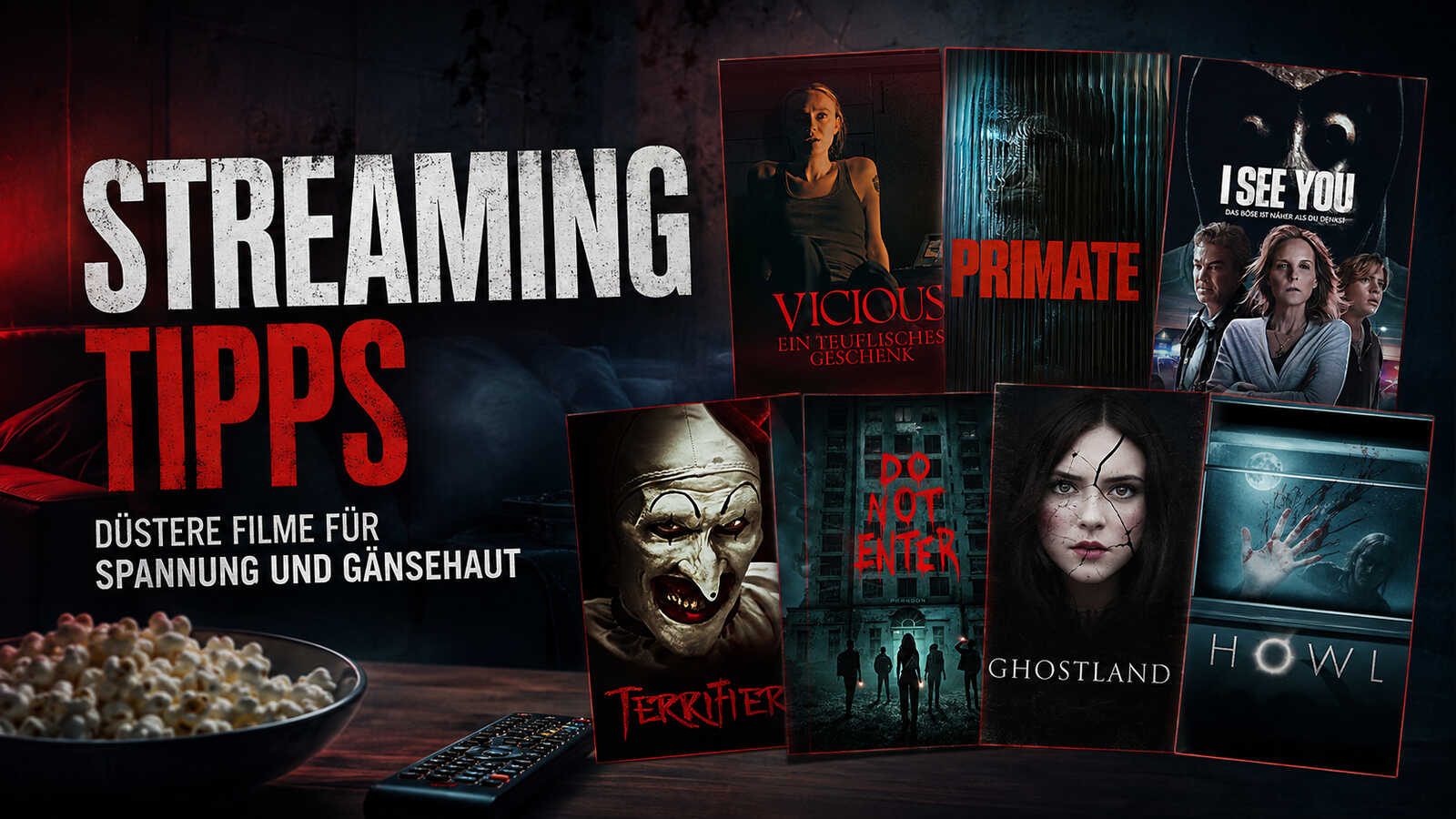 Filmplakate von Horror- und Thrillerfilmen neben einer Popcornschale und einer Fernbedienung