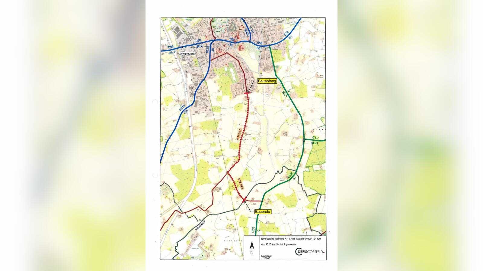 Kartenausschnitt zur Erneuerung des Geh- und Radwegs entlang der K 14 und K 25 in Lüdinghausen