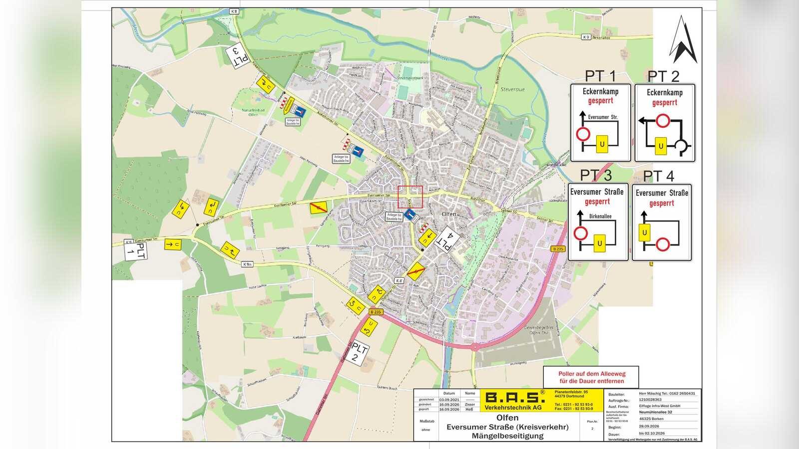 Kartenausschnitt: Lage des Kreisverkehrs Eckernkamp/Kökelsumer Straße an der K 8 in Olfen mit den Sanierungsarbeiten