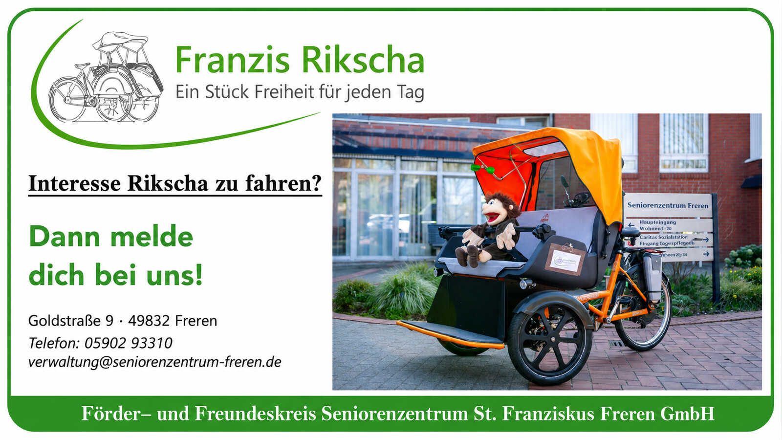 Orangefarbene Fahrradrikscha vor dem Seniorenzentrum St. Franziskus in Freren