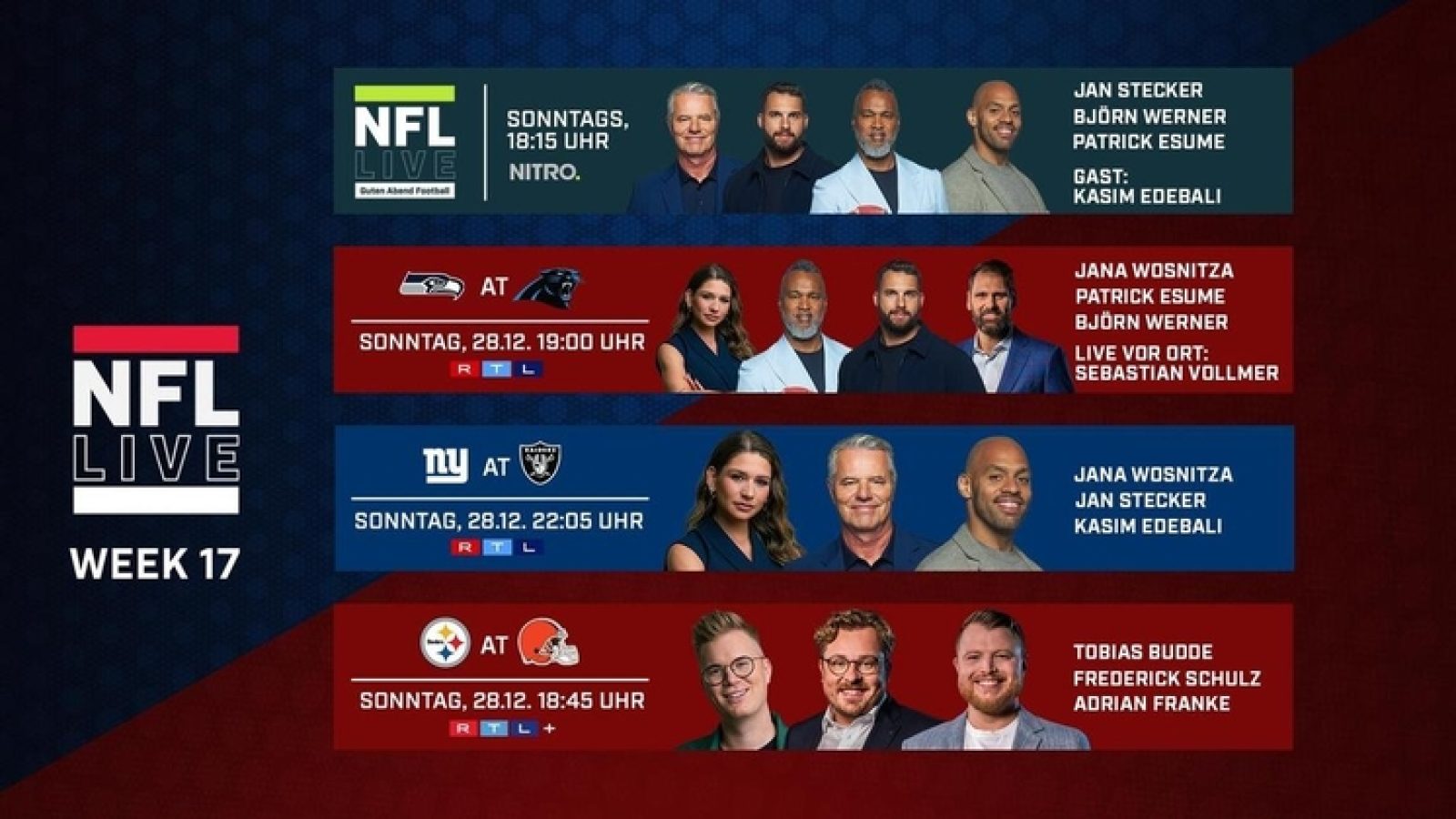 RTL NFL Week 17.

+++ Die Verwendung des sendungsbezogenen Materials ist nur mit dem Hinweis und Verlinkung auf RTL+ gestattet. +++