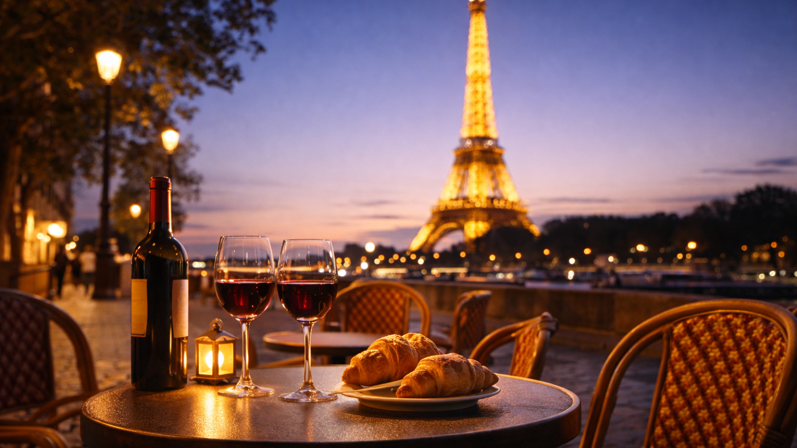 Abendstimmung mit Croissants und Wein