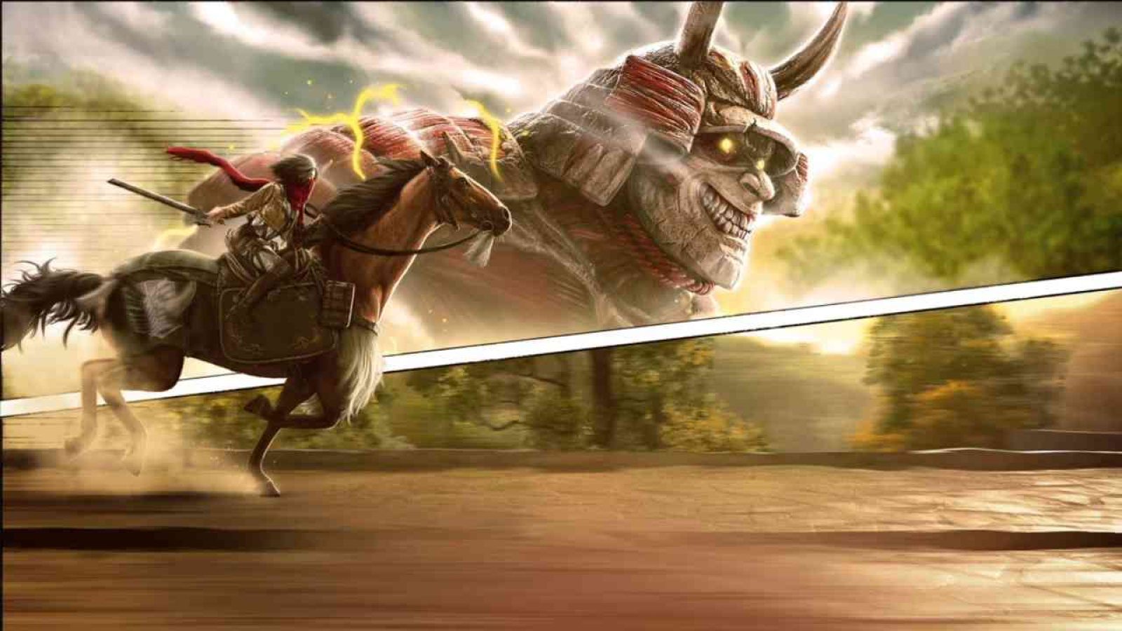 Ein Reiter auf einem Pferd, der gegen eine große, bedrohliche Statue mit einem grinsenden Gesicht kämpft.