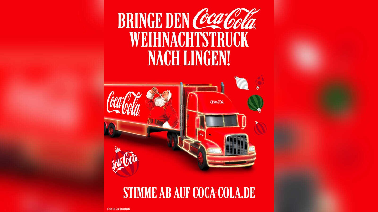 Beleuchteter Coca-Cola Weihnachtstruck, Aufruf zum Voting für Lingen als Tourstopp 2026