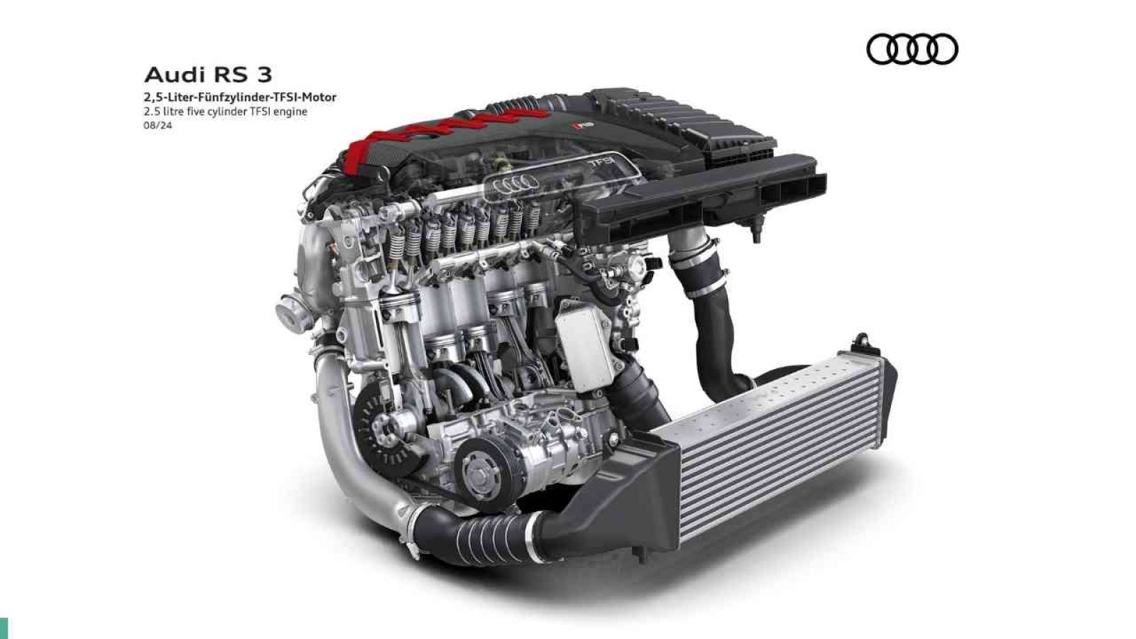 Audi RS 3 2,5-Liter-Fünfzylinder-TFSI-Motor mit detaillierter Darstellung und Komponenten.