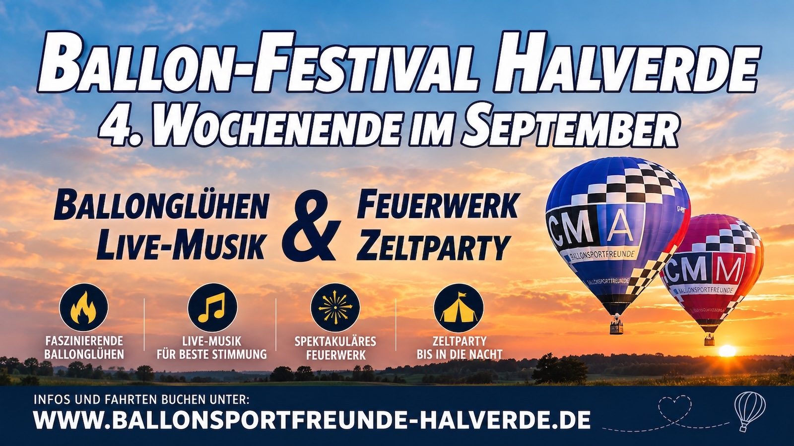 Ankündigungsplakat zum Ballon-Festival Halverde mit Heißluftballons bei Sonnenuntergang