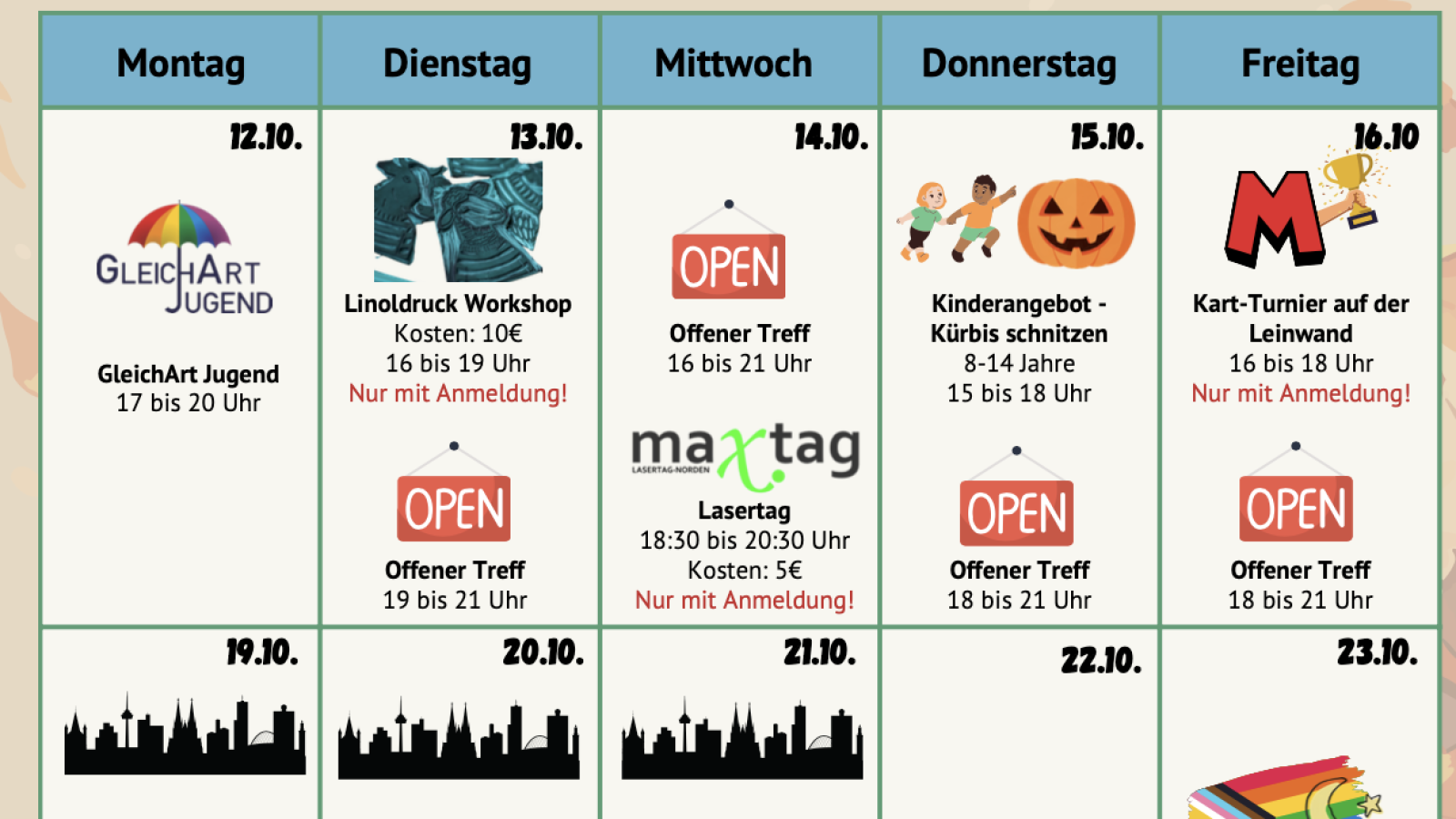 Programmübersicht des Jugendhauses Norden für die Herbstferien 2026 mit Terminen vom 12. bis 23. Oktober
