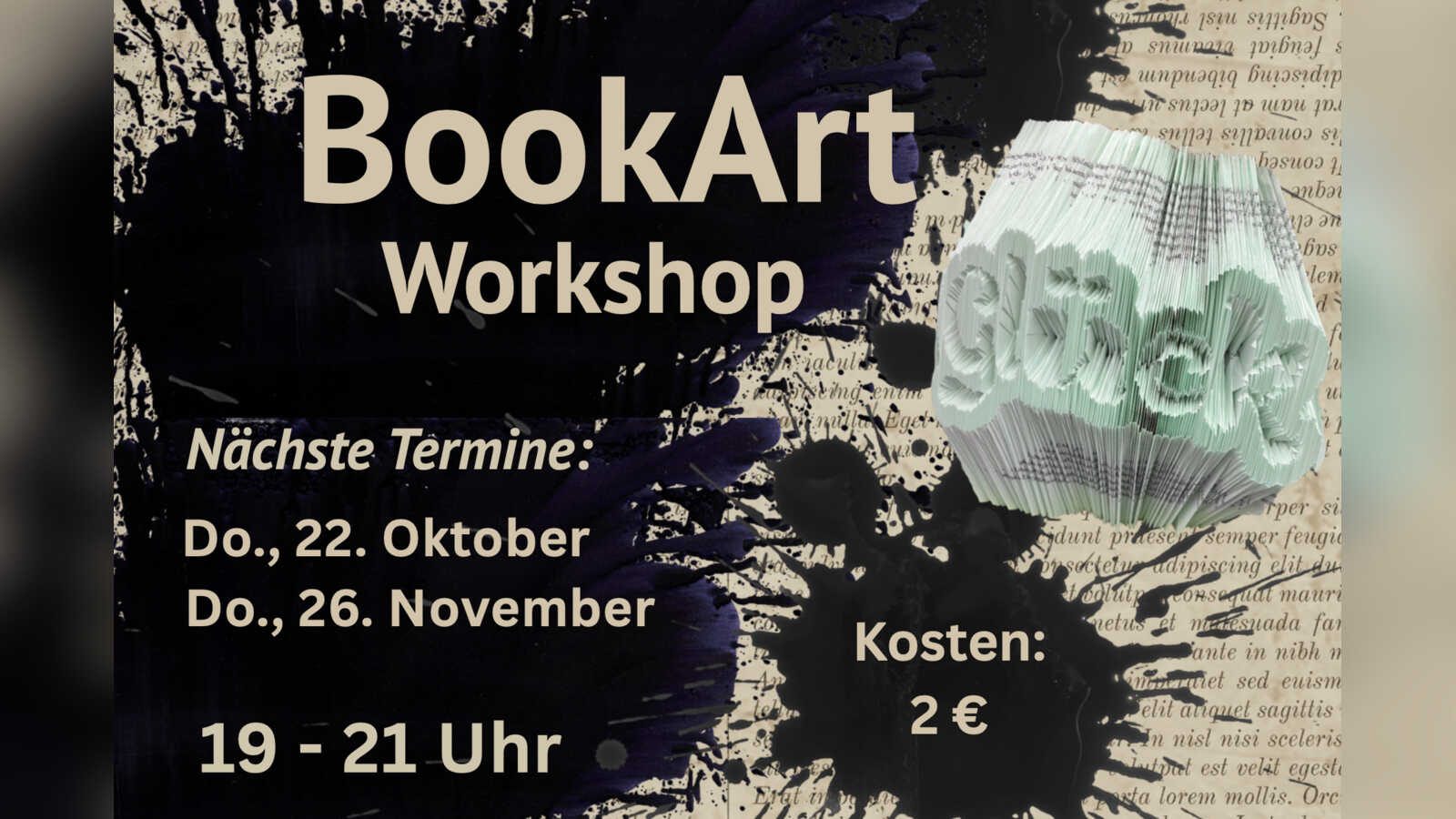 Gefaltete Buchseiten, die im aufgeschlagenen Buch ein Motiv ergeben, Plakat zum BookArt-Workshop der Stadtbibliothek Norden